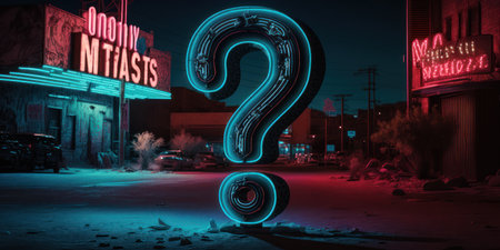 Neon question mark sign in front of an old gas station.の素材