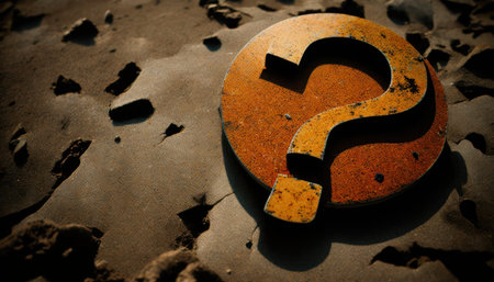 Conceptual image of a metal question mark on the ground.の素材