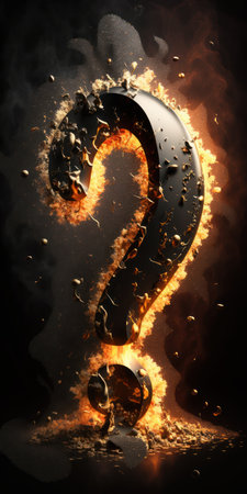 Question mark in fire on a black background. 3D illustration.の素材