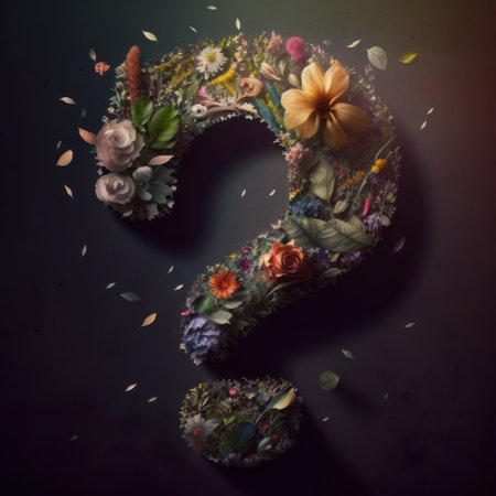 Question mark made of flowers and petals on black background. 3d renderingの素材