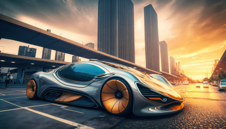 3D rendering of a brand-less generic concept car in the cityの素材
