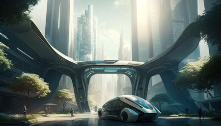 Future city concept as a futuristic cityscape with a futuristic car on the road and a futuristic cityscape as a 3D illustration.の素材