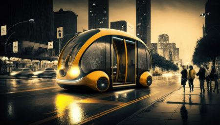 Yellow tram on the street in the city at night. 3d renderingの素材