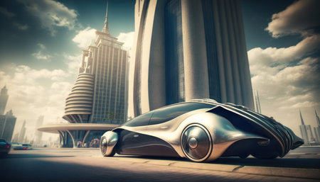 Futuristic car on the background of modern skyscrapers.の素材