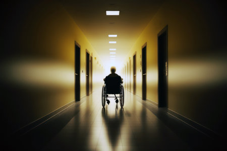 Silhouette of a man in a wheelchair in an empty corridorの素材