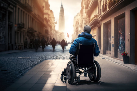 A man in a wheelchair walks along the streets of the city.の素材