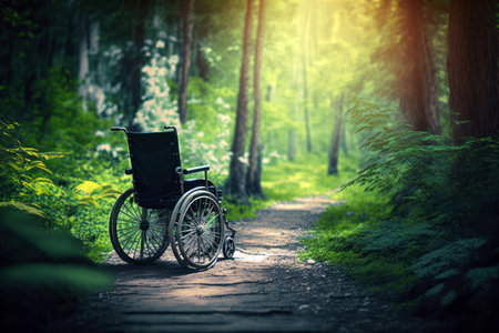 Wheelchair in the forest. Wheelchair in the green forest.の素材