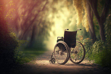 Wheelchair in the forest. Wheelchair in the park. Wheelchair in the forestの素材