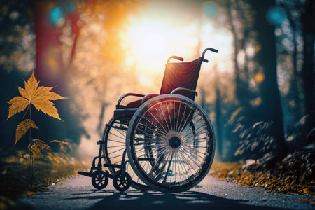Wheelchair in the park on a background of the autumn forest.の素材