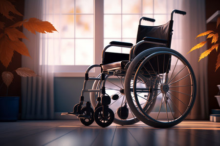 Empty wheelchair in a bright room. 3d rendering toned imageの素材