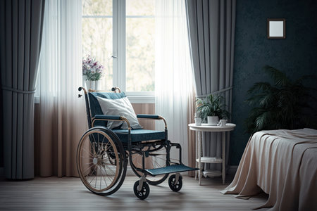 Empty wheelchair in the room with a large window. 3d renderingの素材