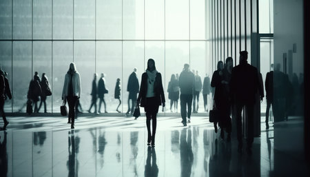 Silhouette of business people walking in the corridor of a modern office buildingの素材