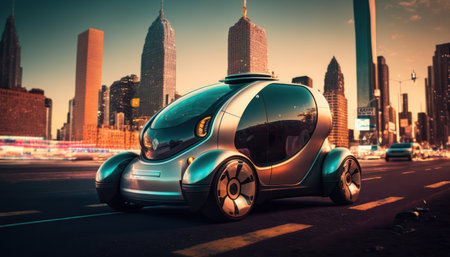 Modern electric car in Chicago, Illinois, USA. 3D renderingの素材
