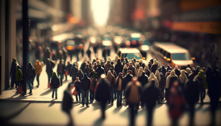 miniature people walking in the city at night, retro tonedの素材