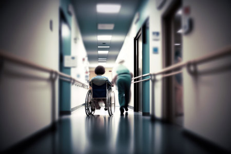 Young disabled man in wheelchair in corridor of hospital. 3d renderingの素材