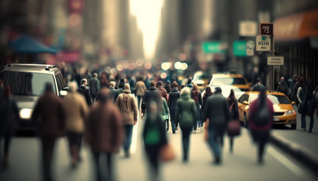 Blurred motion of people walking in the city. Shallow depth of field.の素材