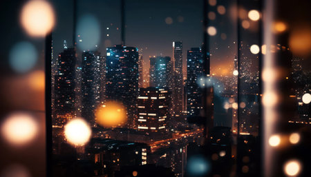 Double exposure of night city and bokeh lights. Mixed mediaの素材