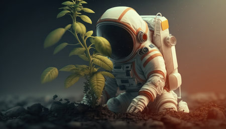 Astronaut and plant in the desert. 3d rendering.の素材