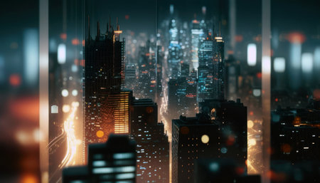 Modern cityscape at night, 3d rendering toned image double exposureの素材