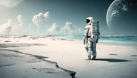 Astronaut in space suit walking on the beach. Mixed mediaの素材