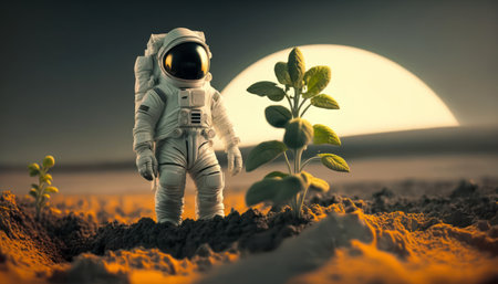 Astronaut standing on earth with plant. 3D rendering.の素材