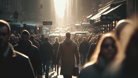 Crowd of people walking on Oxford Street in London, UK. Oxford Street is a major shopping street in London.の素材