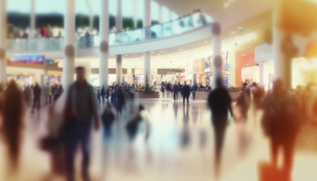 Blurred image of people walking in a shopping center. Blurred background.の素材