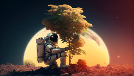Astronaut with a suitcase against the background of the moon.の素材