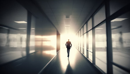 Silhouette of a man walking in the corridor of an office buildingの素材