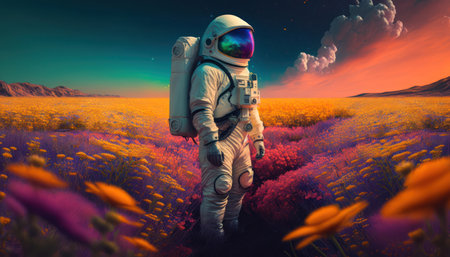 Astronaut on the field of flowers. 3d rendering.の素材