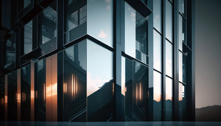 Modern office building exterior with glass windows. 3d rendering toned image double exposureの素材