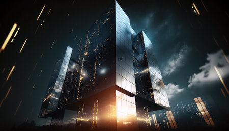 Modern skyscrapers in night city. Mixed media. Mixed mediaの素材