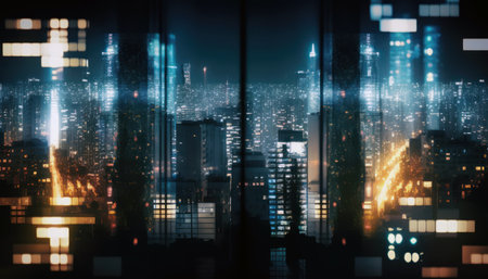 Double exposure of modern skyscrapers and cityscape at night.の素材