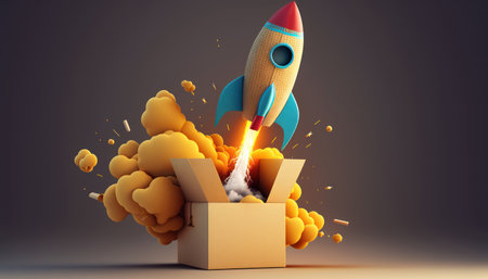 Rocket taking off from a box. 3d rendering toned imageの素材