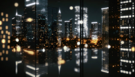 Modern cityscape with illuminated skyscrapers and neon lights 3D renderingの素材