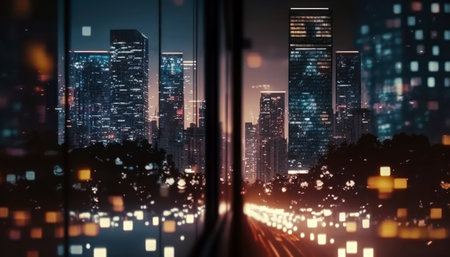 Night city view through the window. 3d rendering. double exposureの素材