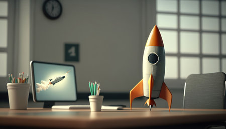 Startup concept with rocket on office desk. 3D Renderingの素材