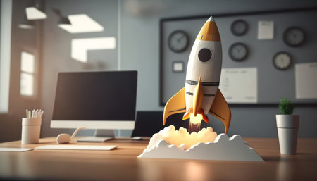 Rocket flying over office desk. Startup concept. 3D Renderingの素材