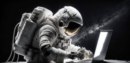 Astronaut working on laptop computer in dark space. Mixed mediaの素材
