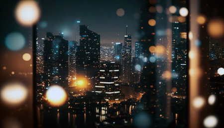 Cityscape with skyscrapers and lights at night. Mixed mediaの素材