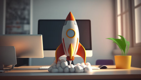 Rocket in the office. Startup concept. 3D Rendering.の素材