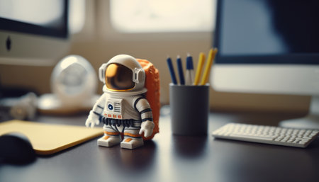 Astronaut figurine on the table with computer in the backgroundの素材