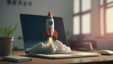 Startup concept with rocket on computer screen. 3D Renderingの素材
