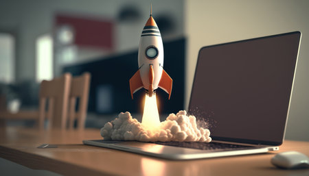 Startup concept with rocket flying out of laptop screen. 3D Renderingの素材