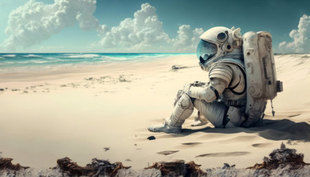 Astronaut sitting on the beach. Mixed media. Mixed mediaの素材