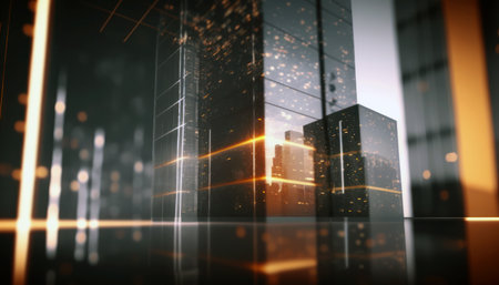 3D rendering of abstract city with skyscrapers and neon lightsの素材