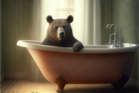 Brown bear in a bathtub. 3D rendering and illustration.の素材