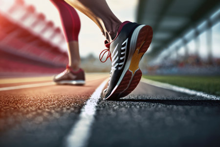 Runner athlete running on stadium track. woman fitness jogging workout wellness concept.の素材