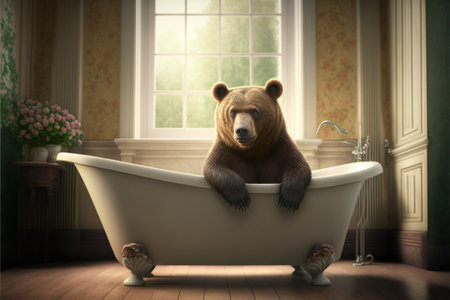 Bear relaxing in bathtub at home. 3D Rendering.の素材