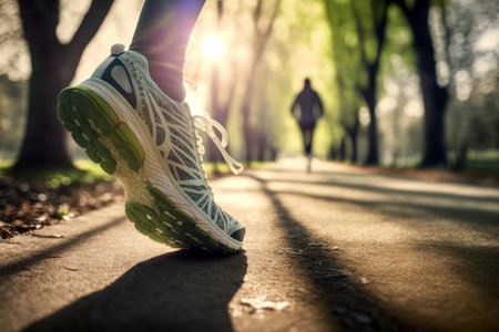 Runner athlete running on forest trail. woman fitness jogging workout wellness concept.の素材